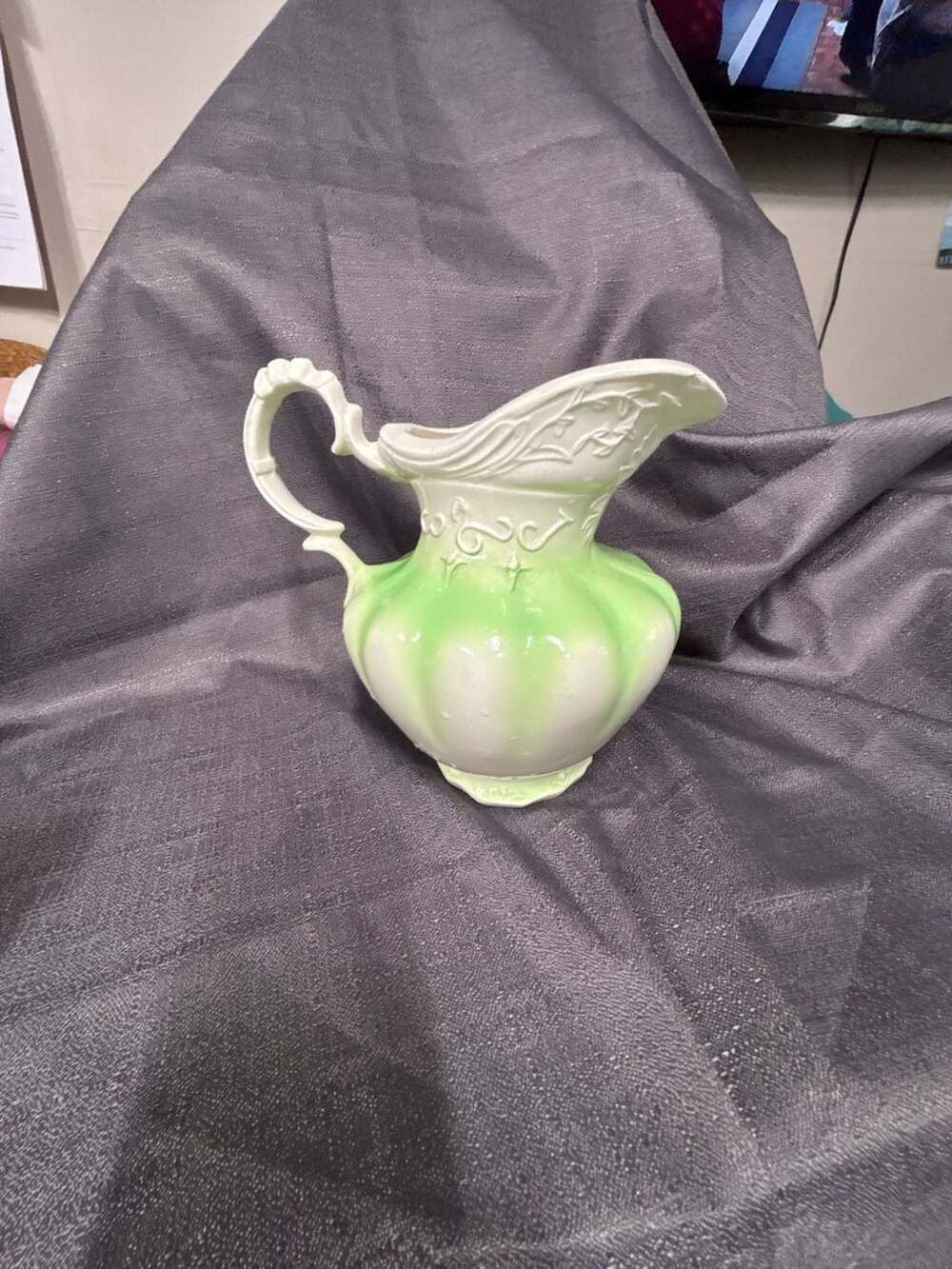Vintage Ceramic Wash Pitcher Green White Fluted 8-Inch